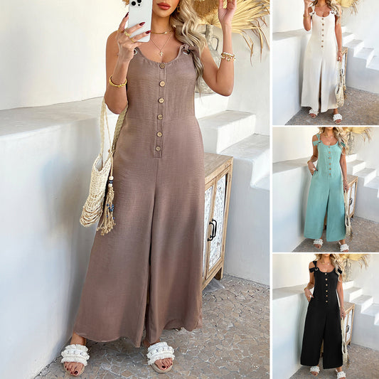 Solid-color Casual Loose-fit Resort-style Cardigan Wide-leg Jumpsuit