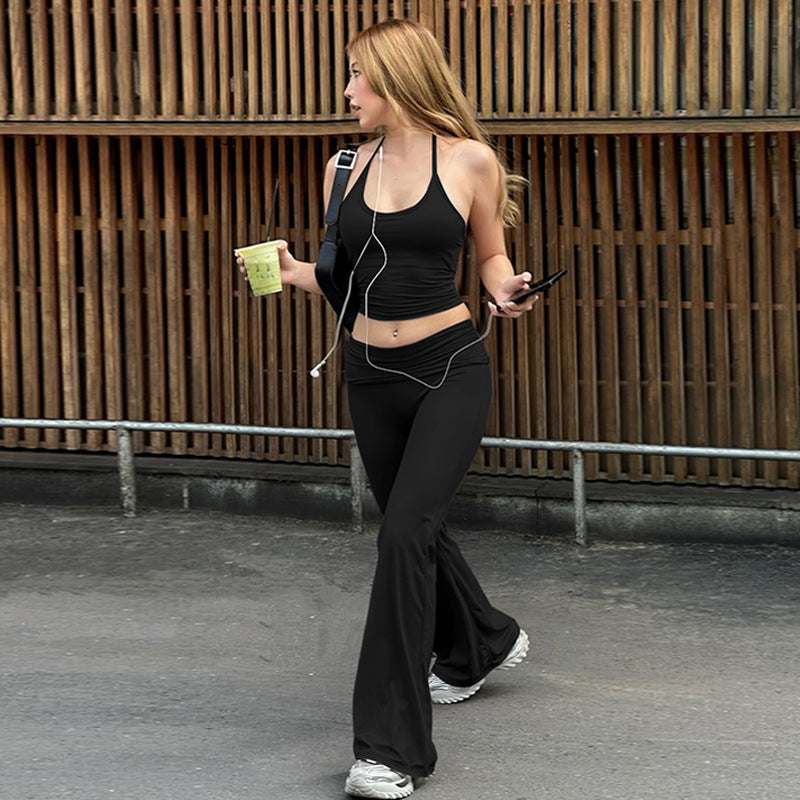 New Sexy Midriff-baring Halterneck Tank Top And Slim-fit High-waisted Flared Pants Set