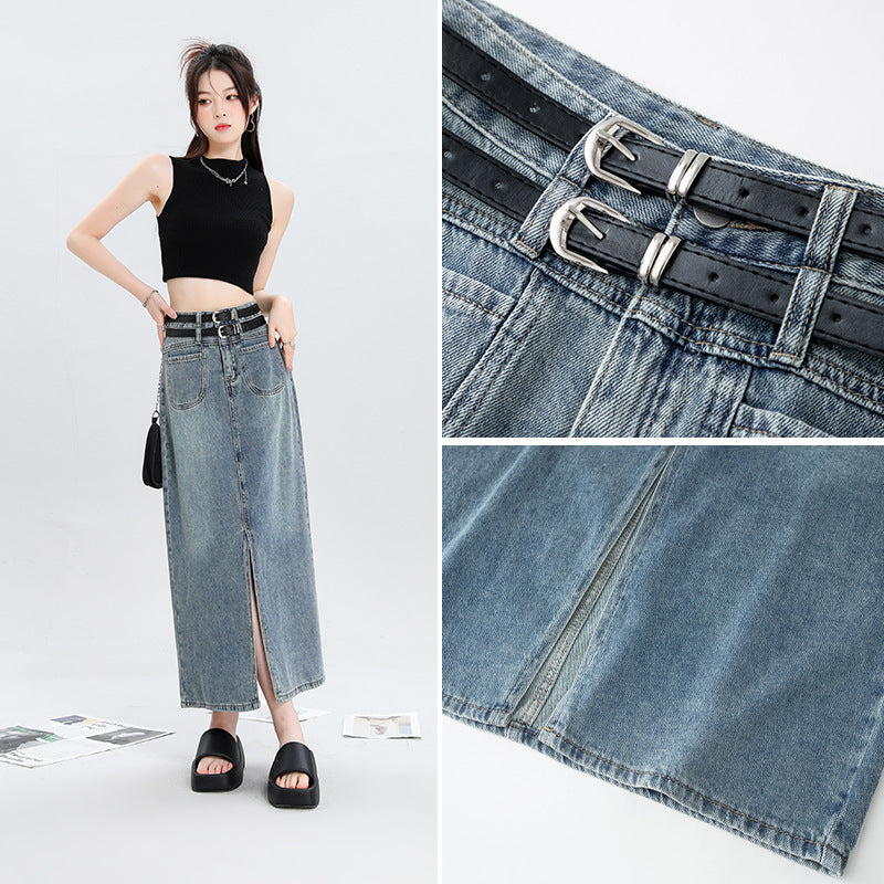 Women's Double Belt Slit Denim Skirt