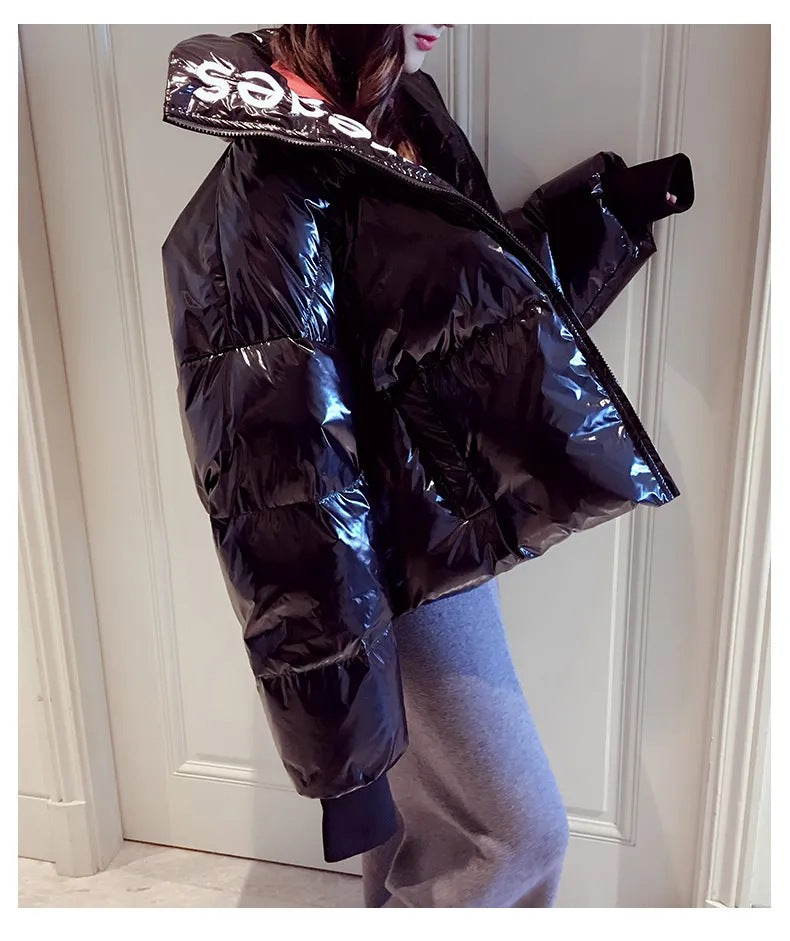 Women's Loose And Short Bright Leather Disposable Cotton Coat