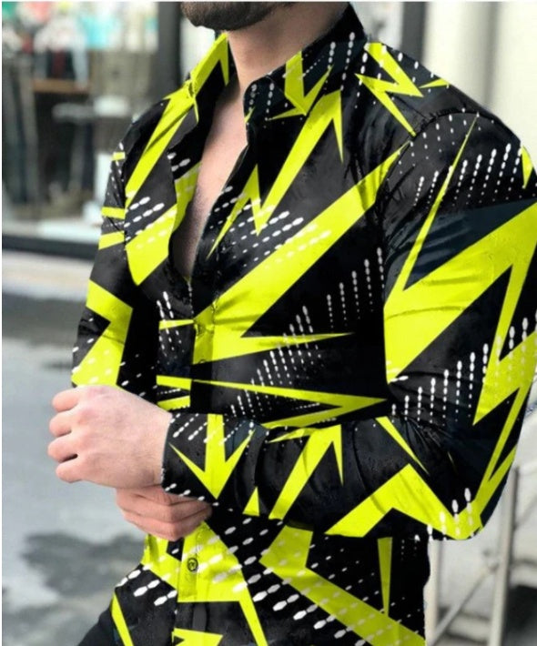 European And American New Men's Gradient Printing Long-sleeved Shirt