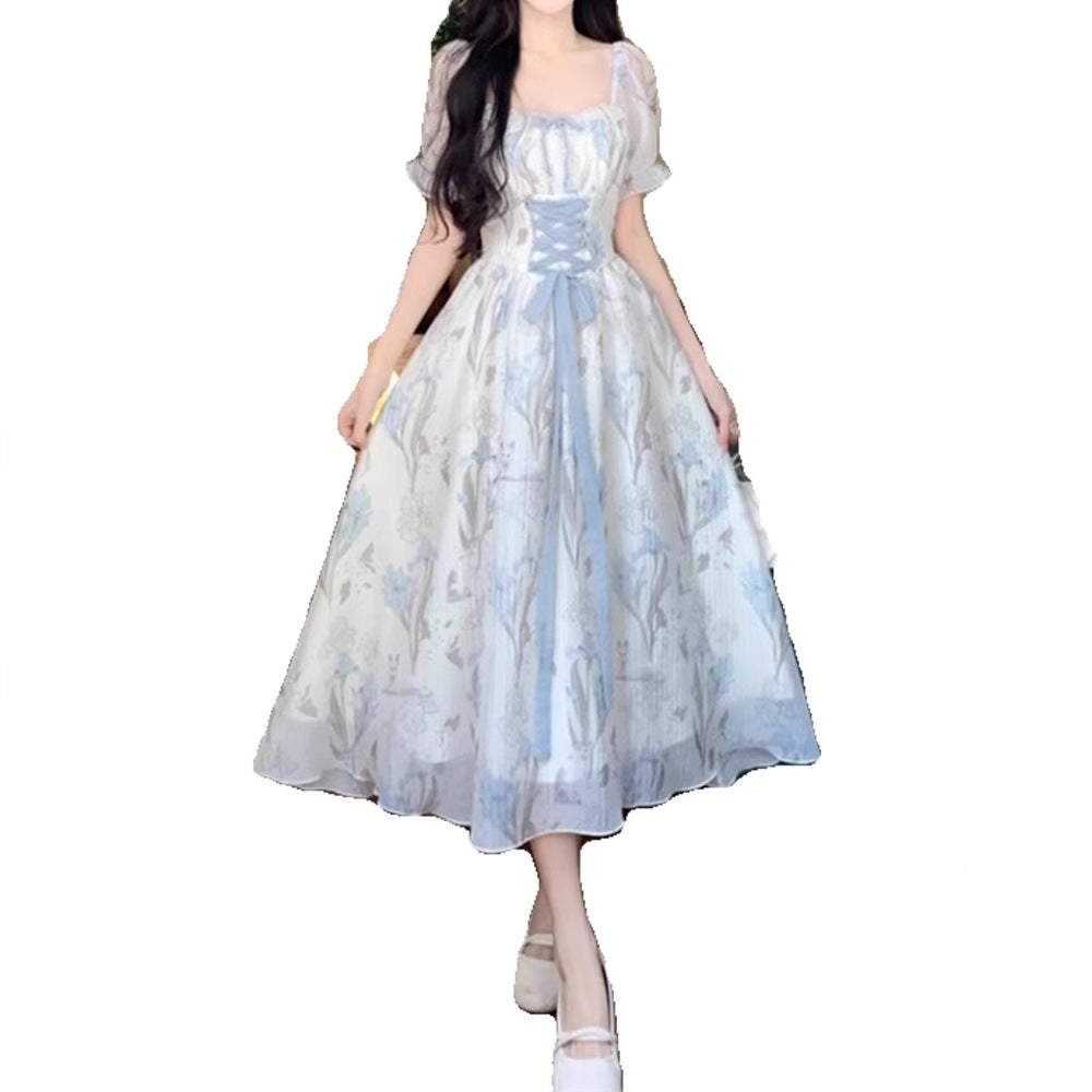 Elegant Floral Lace-Up Waist Dress For Women
