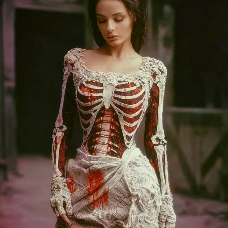 New Digital Dress With A V-neck And Long Sleeves