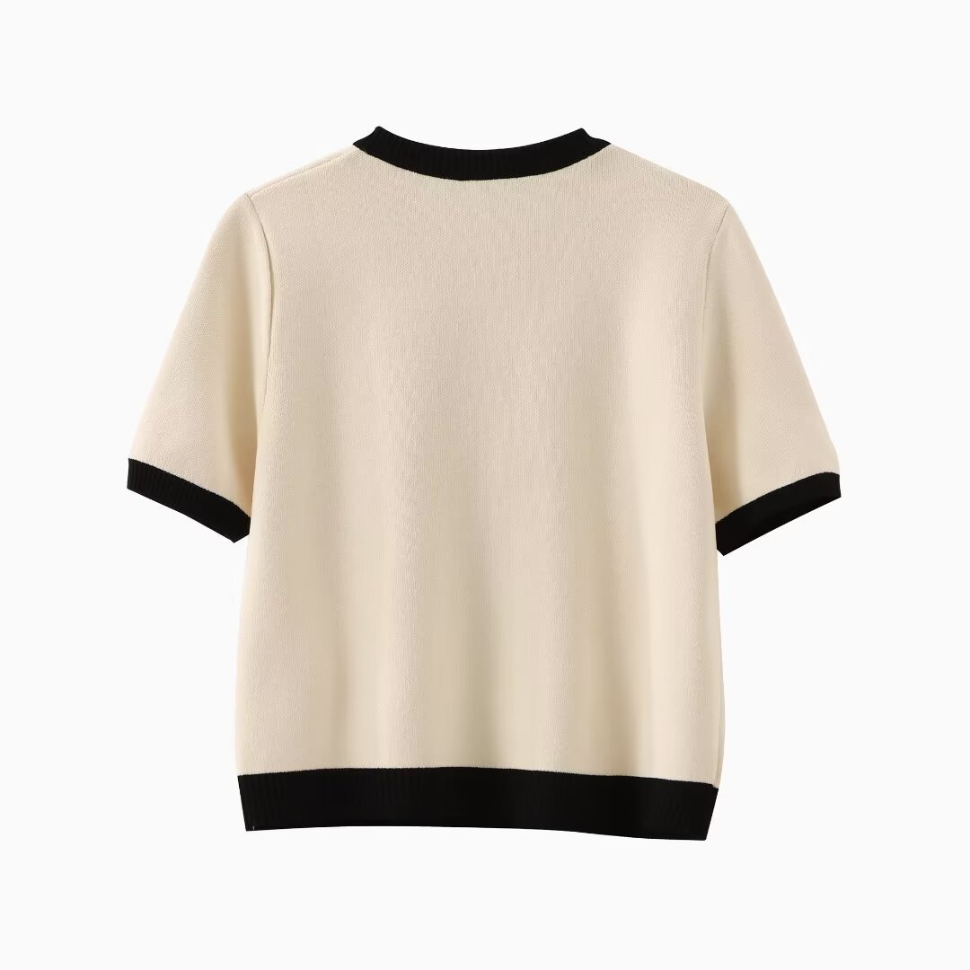 Fashion Color Contrast Round Neck Short Sleeve Knitted Cardigan