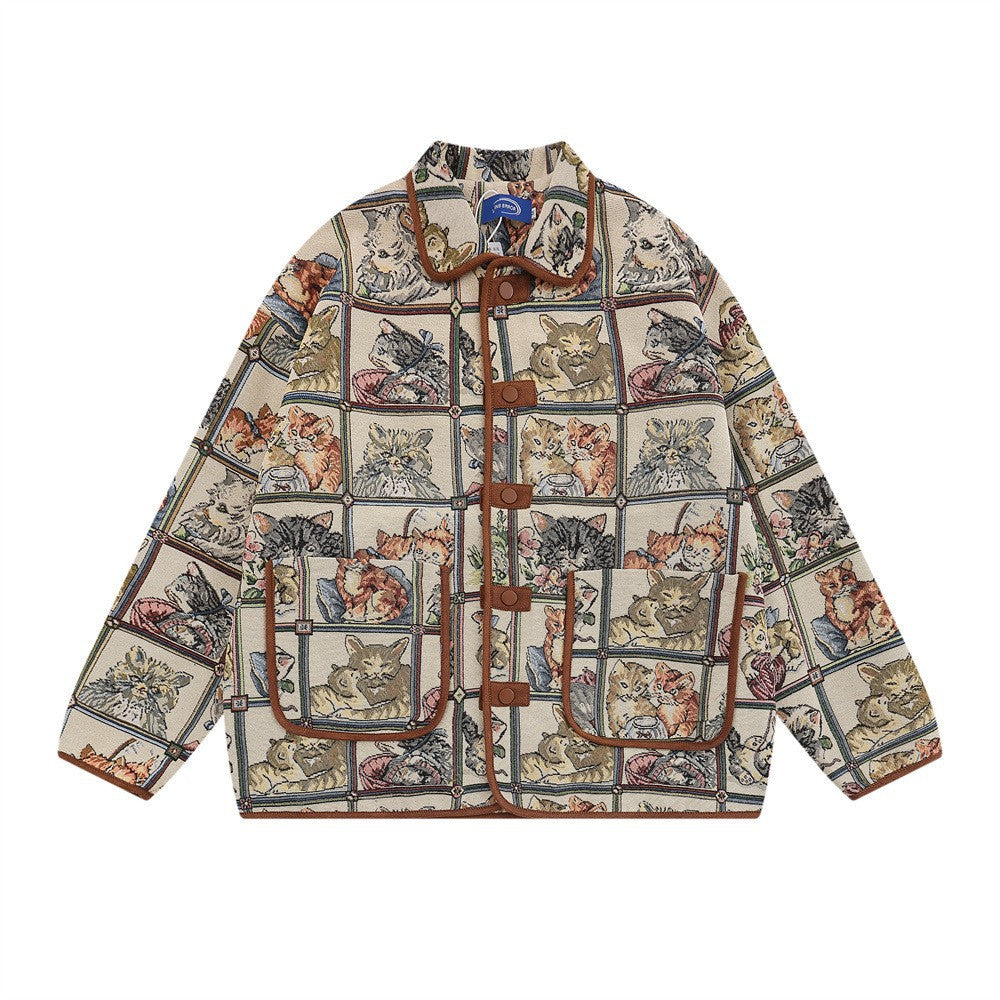 Animal Cat Plaid Lapel Coat