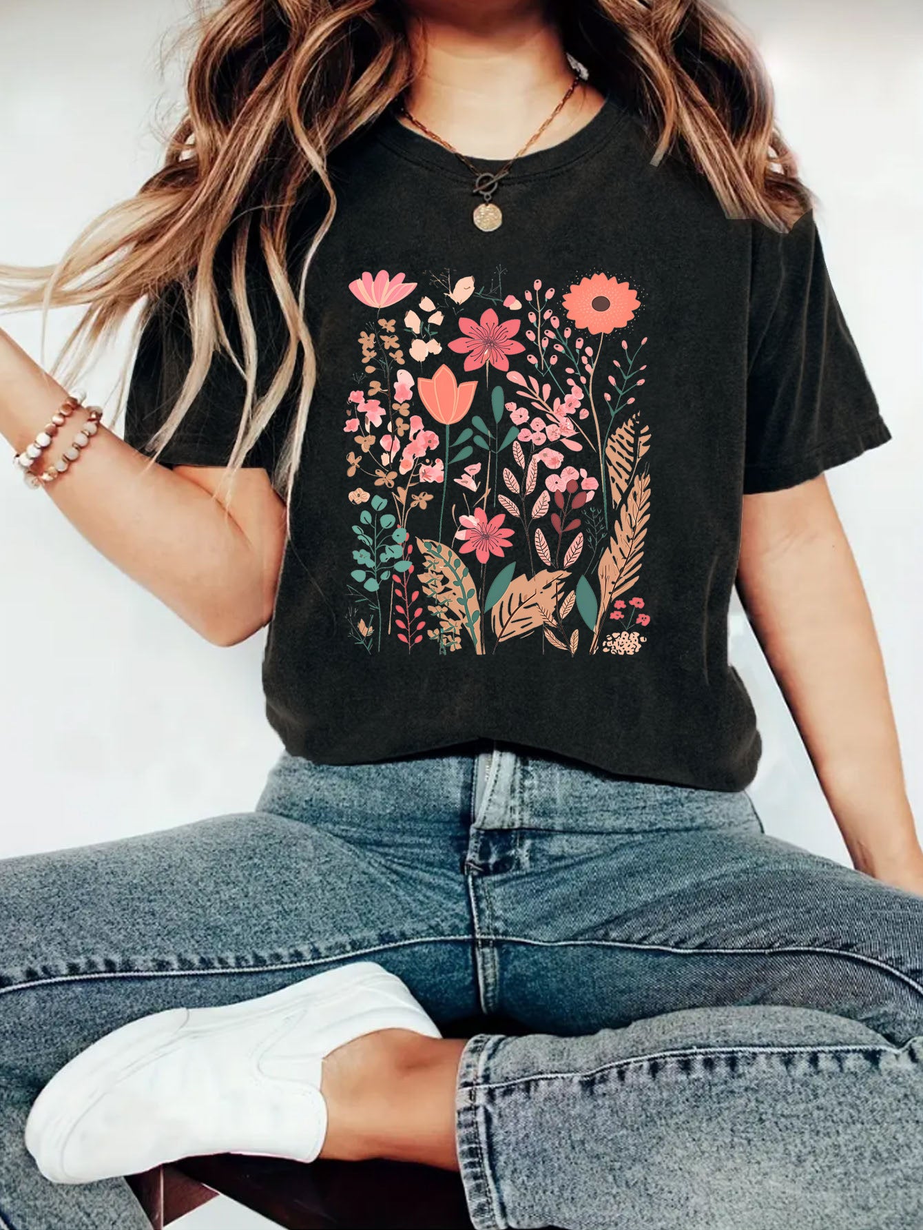 European And American Summer Women's Plant Flower Graphic Print Crew Neck Short Sleeve