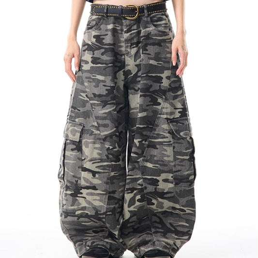 Retro camouflagemønstrede overalls med vide ben til kvinder – løse, afslappede bukser