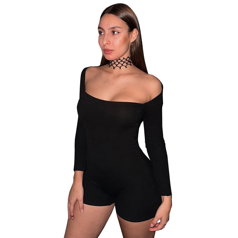 Womens Sexy Solid-Color U-Neck Backless Long-Sleeve Bodycon Jumpsuit With Shorts