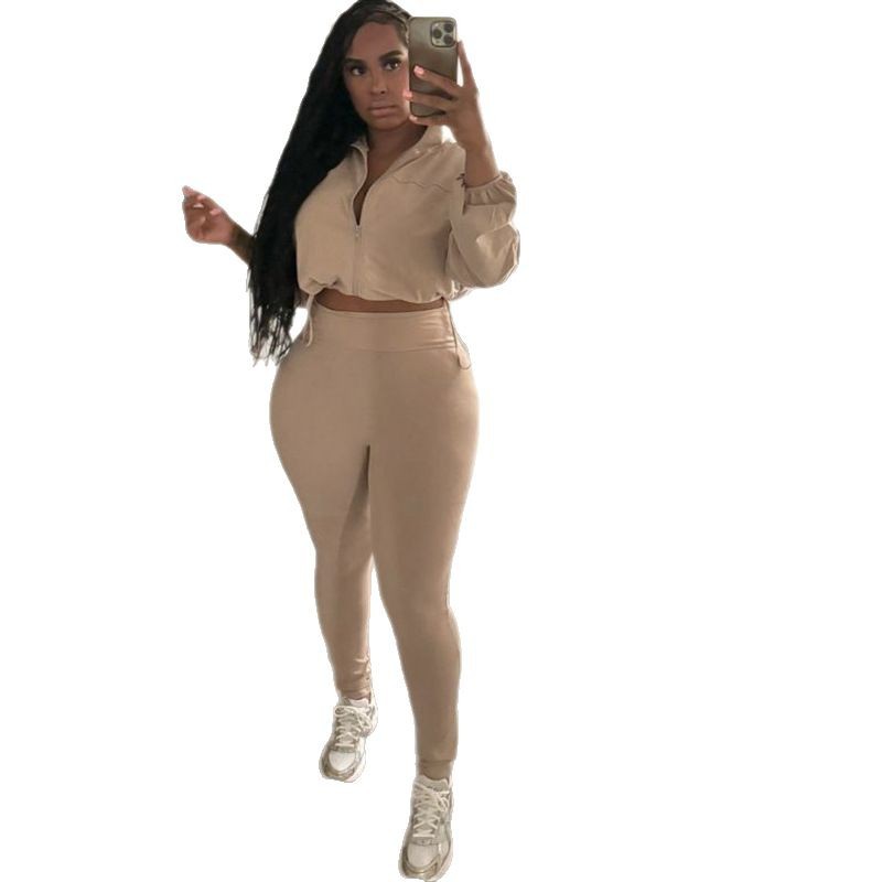 Drawstring Waist Zippered Midriff Baring Top Paired With High Waisted Solid Color Slim Fit Pants