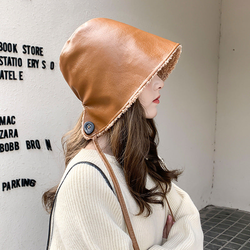 Lace Up Basin Hat With Rear Split PU Leather