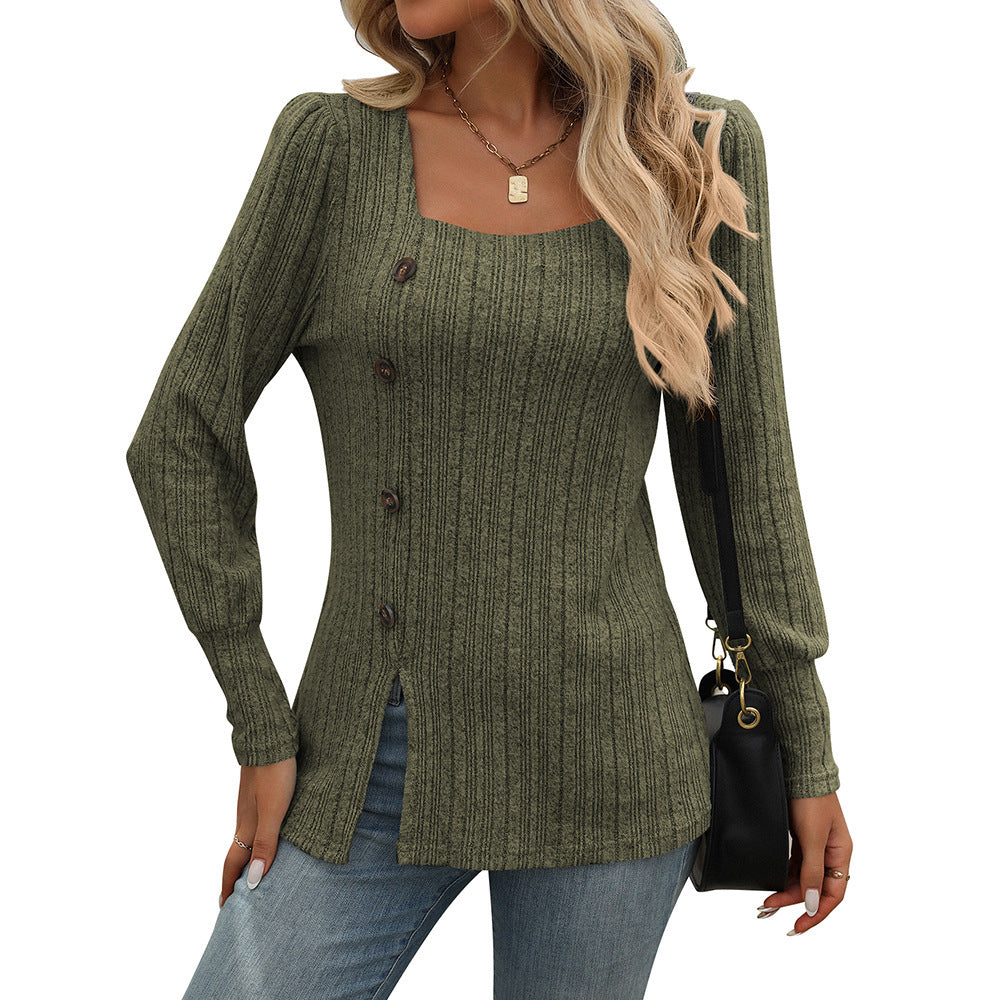 New Square Collar Sunken Stripe Brushed Solid Color Top Long Sleeve