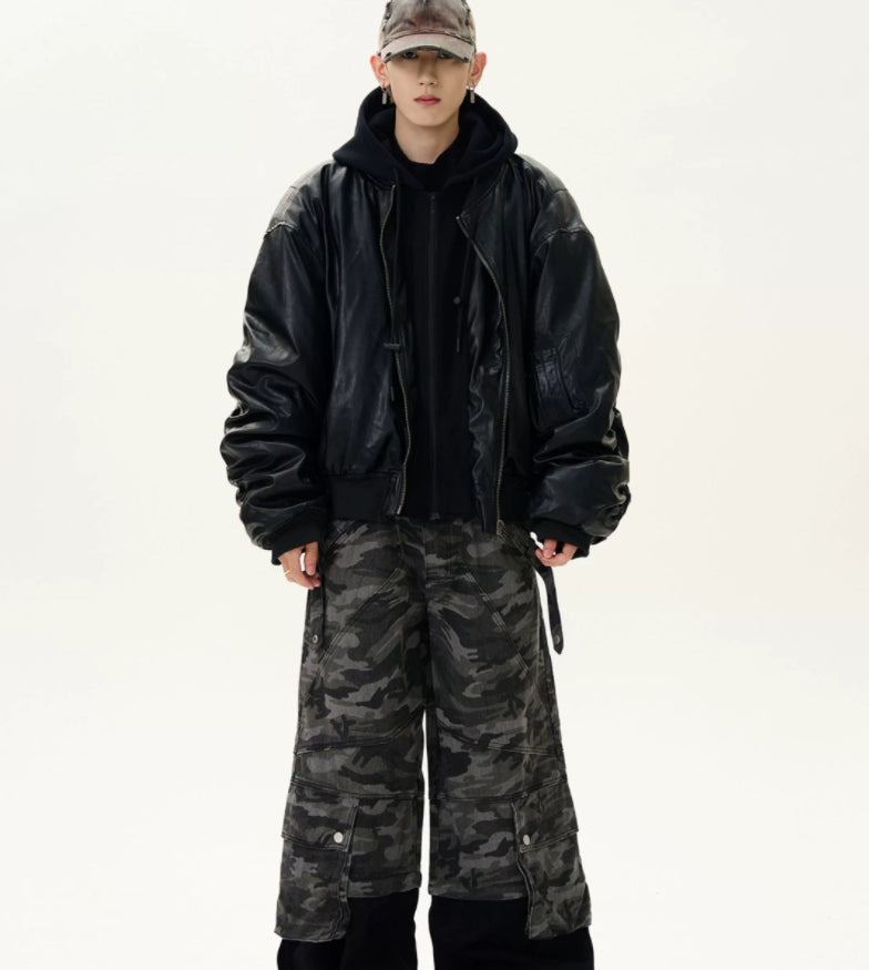 Fake Two-Piece Stitched Hooded Thickened PU Leather Padded Jacket Coat