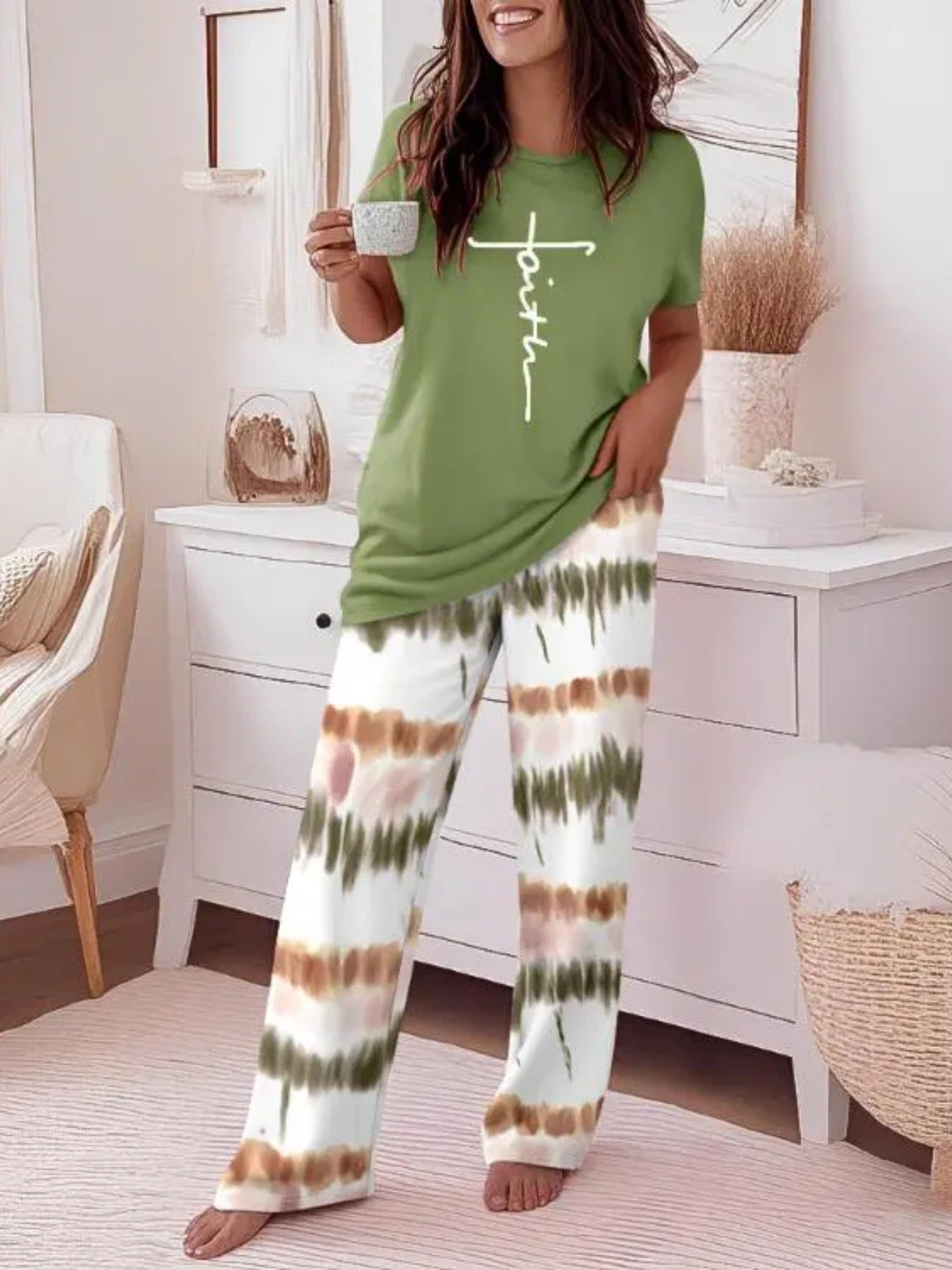 Crew-neck Short-sleeve Casual Striped Print Wide-leg Pants Two-piece Trouser Set