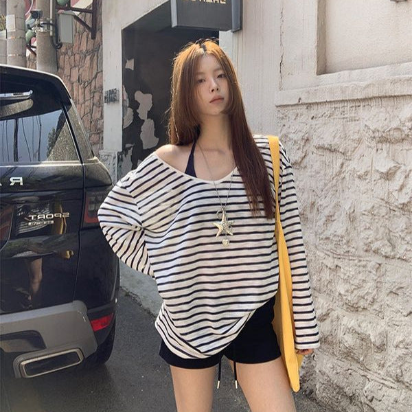 Womens Sun-Protective Blouse Summer Outfit Long-Sleeve T-Shirt Womens Loose Striped Off-Shoulder Top