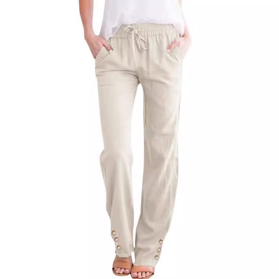 Solid Color Cotton And Linen Loose Drawstring Button Casual Wide-leg Trousers