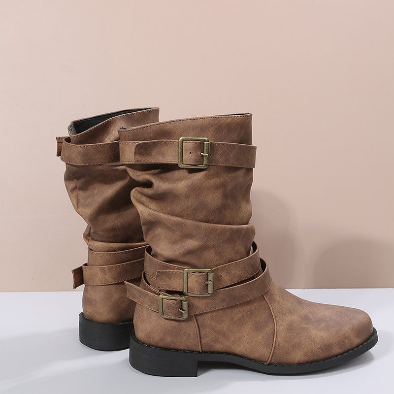 Women's European And American Vintage Martin Belt Buckle Oversize Boots