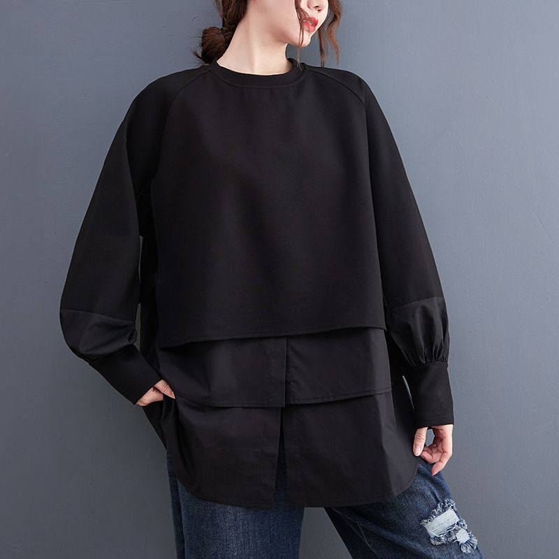 Efterår Og Vinter Ny Fake Todelt Kontrastfarvet Stikning Sweatshirt