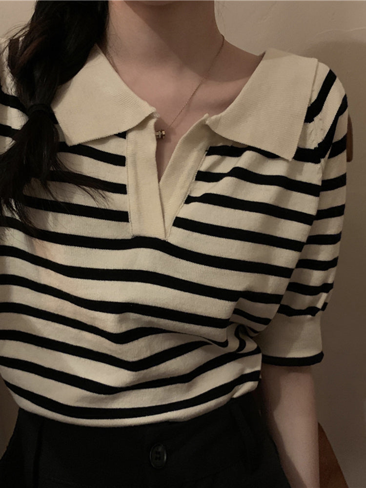Thin Summer Striped Short Sleeve T-Shirt Knit Top