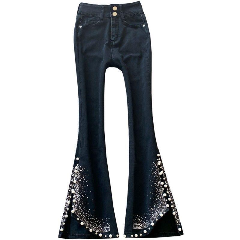 High Waist Slimming Diamond Beaded Slit Flared Trousers