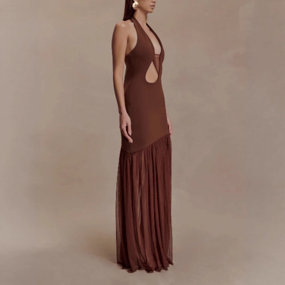 Body-hugging Backless Mesh-embellished Pleated Sexy Dress