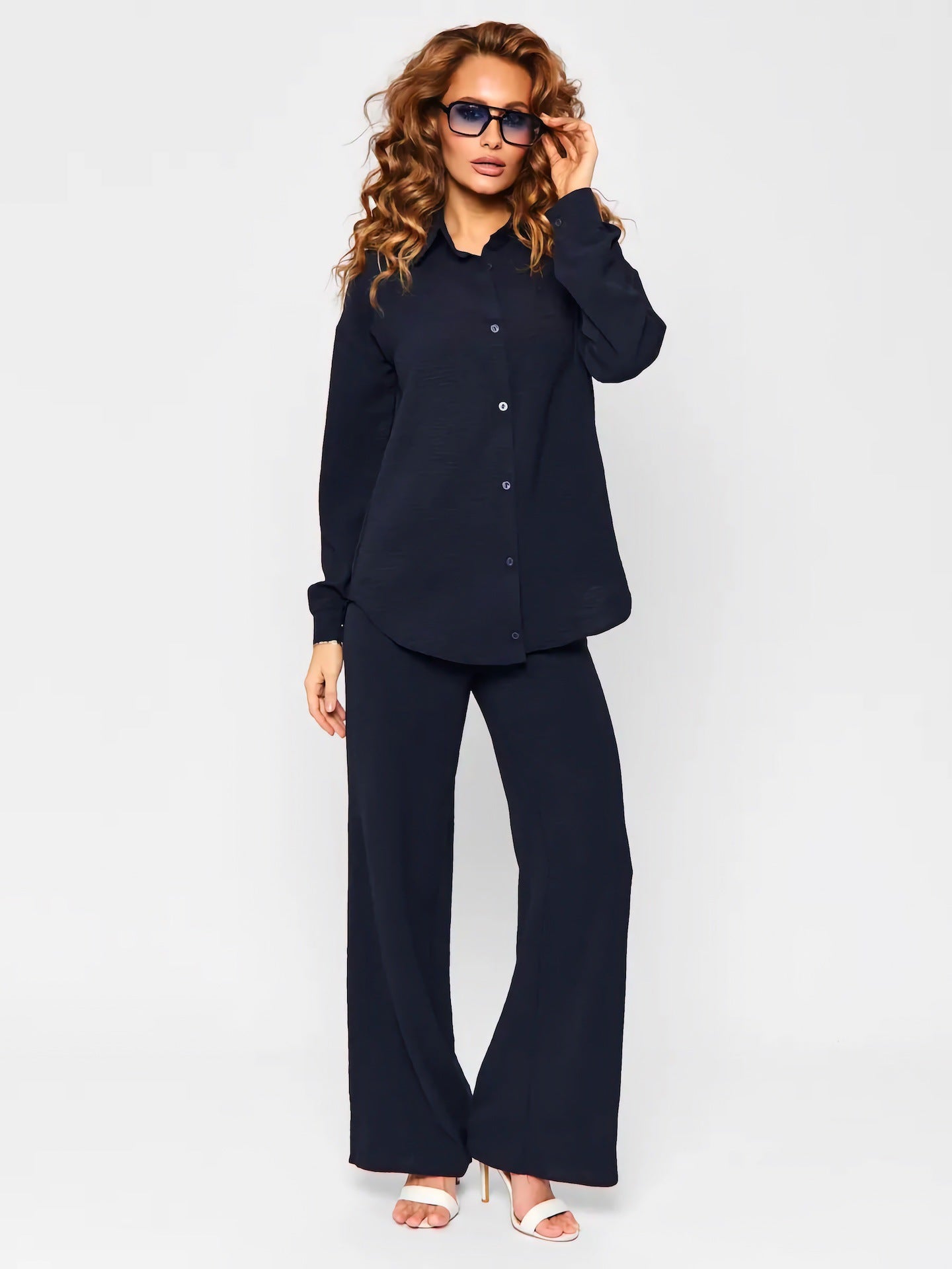 New French-style Casual Relaxed Chic Two-piece Loungewear Set Loose Commuter Shirt And Pants Suit For Women