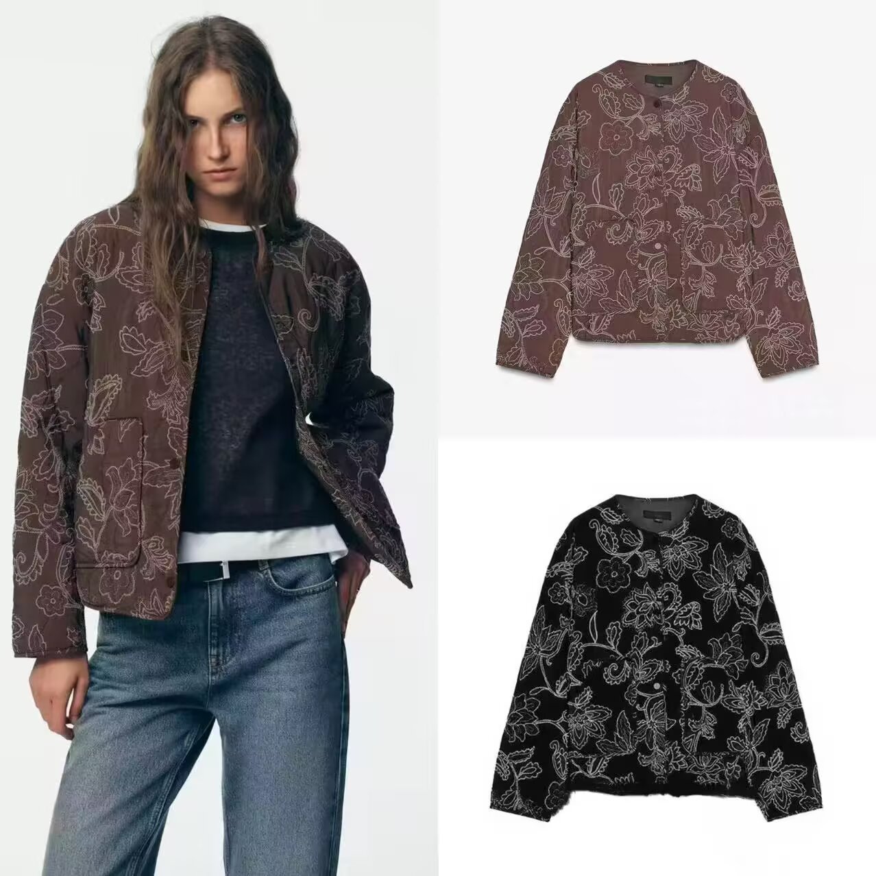 Women's Animal Texture Printed Round Neck Jacket Cotton-padded Jacket