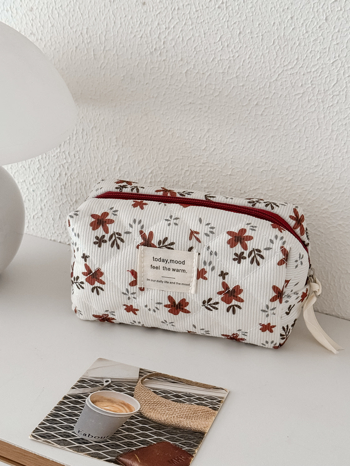 Orange Floral Corduroy Large-Capacity Portable Toiletry Bag For Women