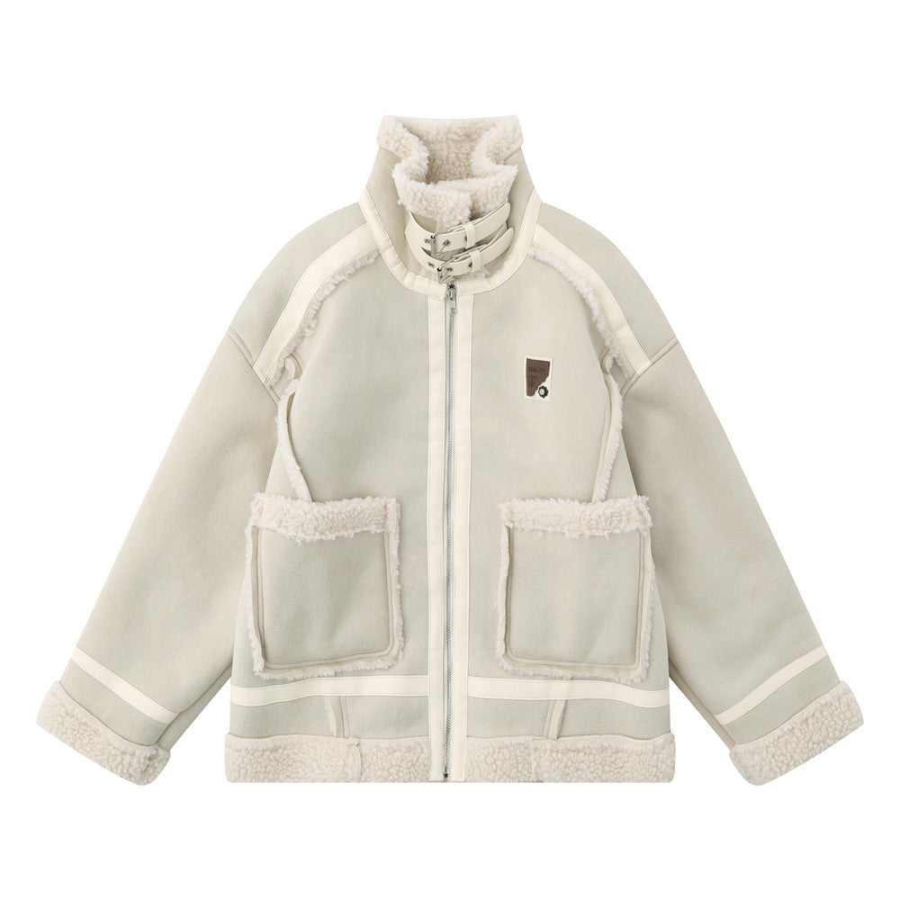 Lamb Wool Stand-up Collar Cotton-padded Clothes Stitching Fur Coat