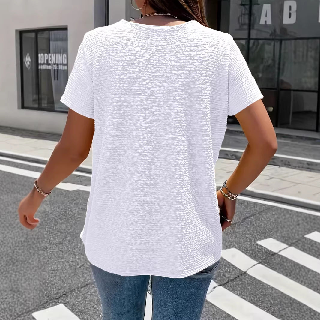 Pleated Fabric Solid-color Faux-button Doll-collar Top T-shirt