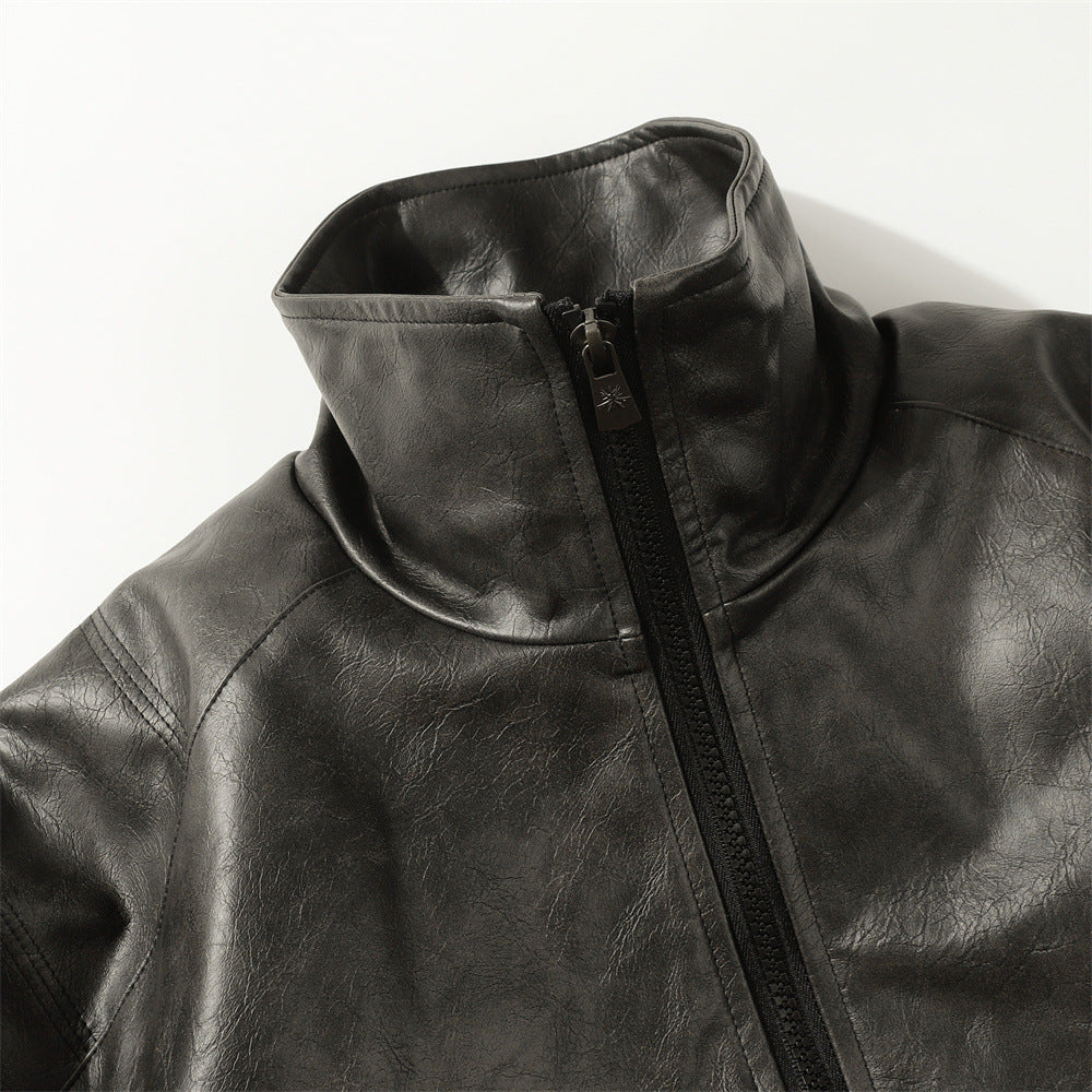 PU Leather Cotton Padded Coat Men's Rock Windproof Winter Stand Collar Loose