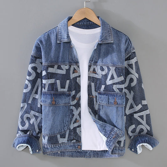 G066 Koreansk stil trendy tung denim vasket frakkejakke til mænd med syninger og baggy pasform