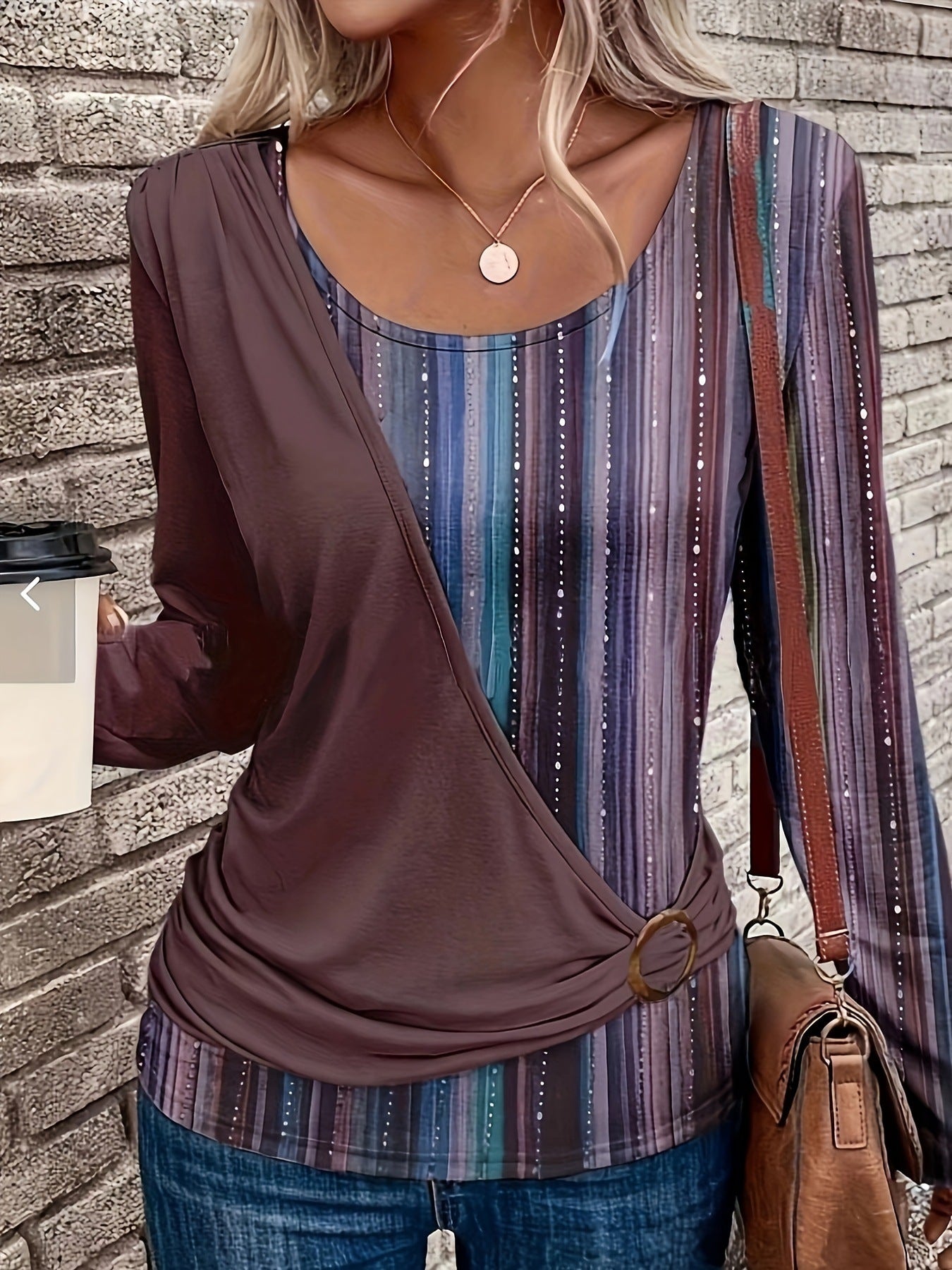 New Round Neck Stitching Printing Casual Long Sleeve Loose T-shirt