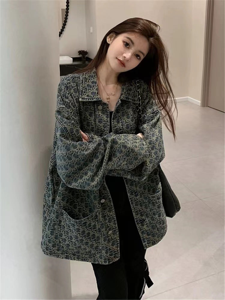 High Street Retro Denim Jacket For Women, Unique Design, Versatile Printed Jacket