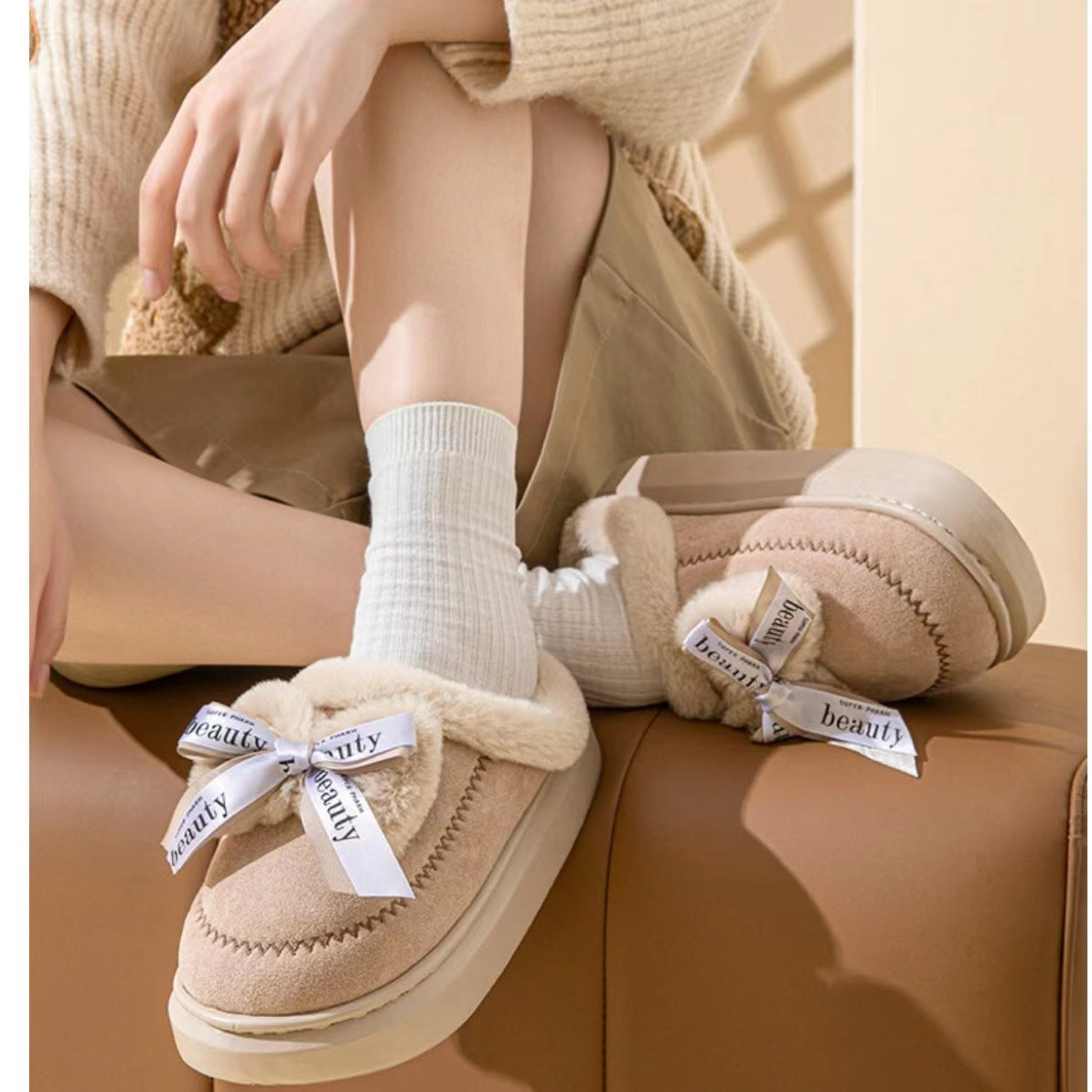 Women's Ribbon Bow Cute Thick Bottom Cotton Half Slippers