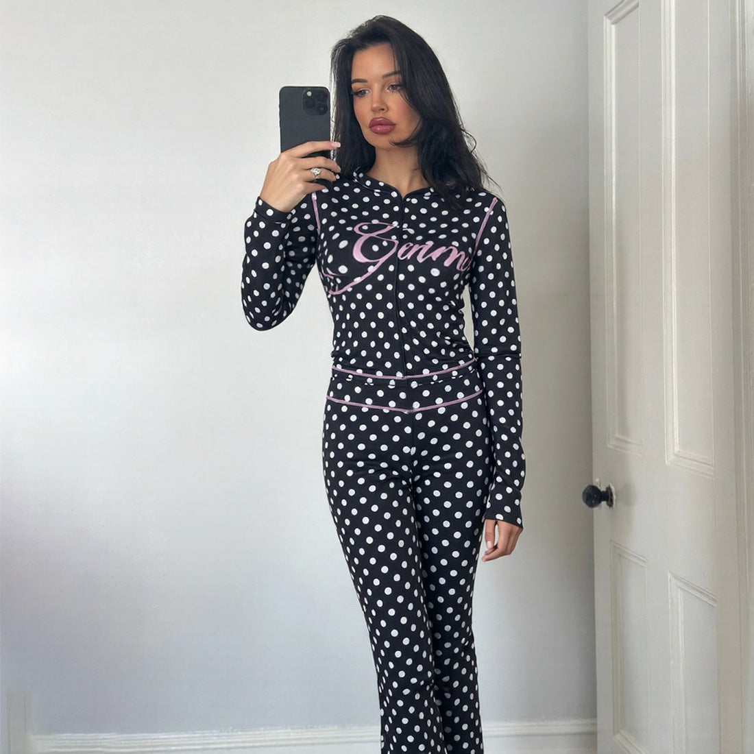 Womens Polka Dot Letter Print Top And Pants Set