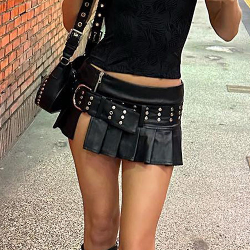 Punk Hot Girl Rivet Belt Split Leather Skirt Low Waist A- Line Style Pleated Skirt