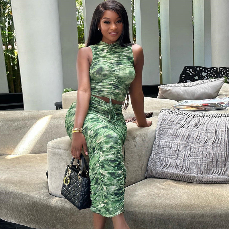 Printed Sleeveless Pullover Top With Drawstring Paired With A Skirttwo-piece Set