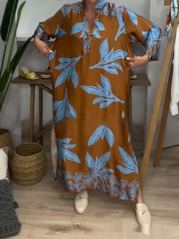 European And American Women's Clothing Spring And Autumn Sexy V-neck Plant Print Long Sleeve Dress