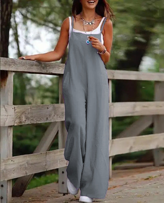 Fashion Casual Women's Pocket Cotton Linen Sleeveless Jumpsuit