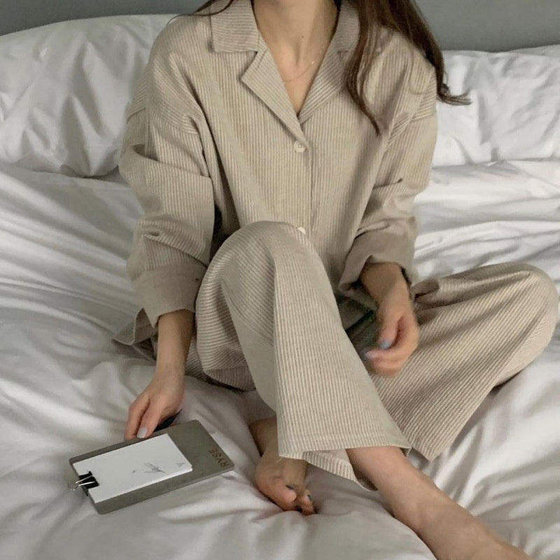 Simple Stripe Long Sleeve Women's Casual Loose Home Suit