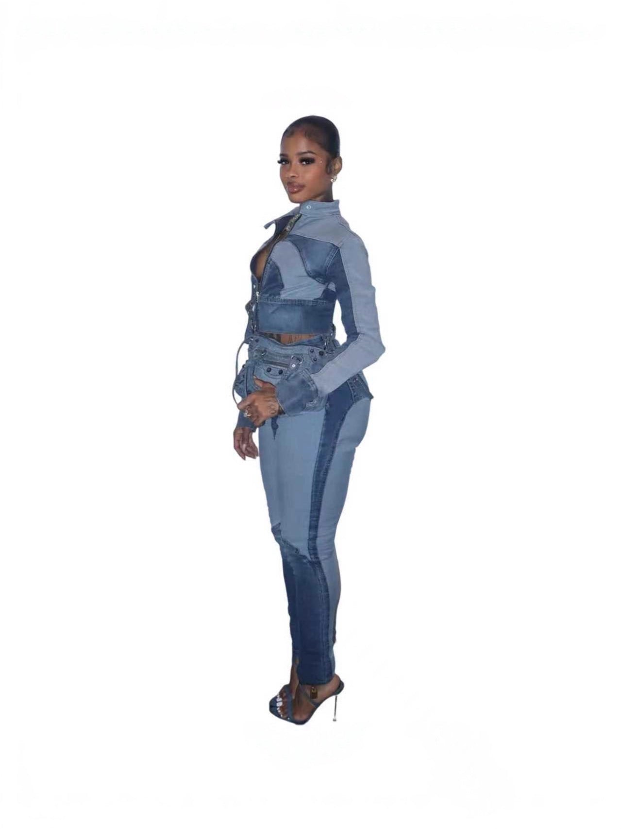 High Elastic Stitching Contrast Color Washed Denim Casual Suit Two-piece Set