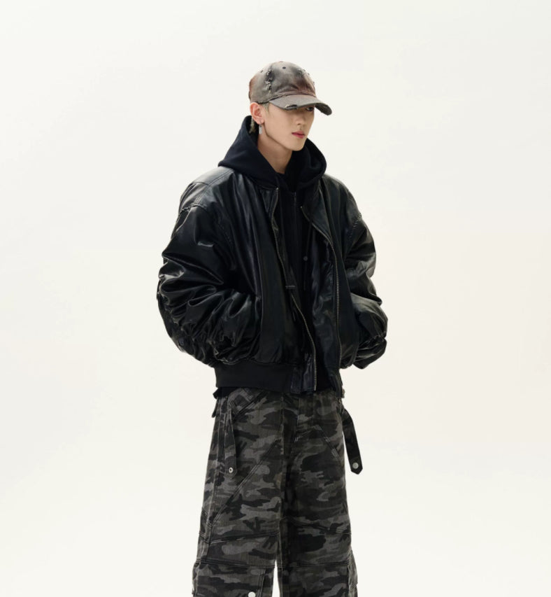 Fake Two-Piece Stitched Hooded Thickened PU Leather Padded Jacket Coat