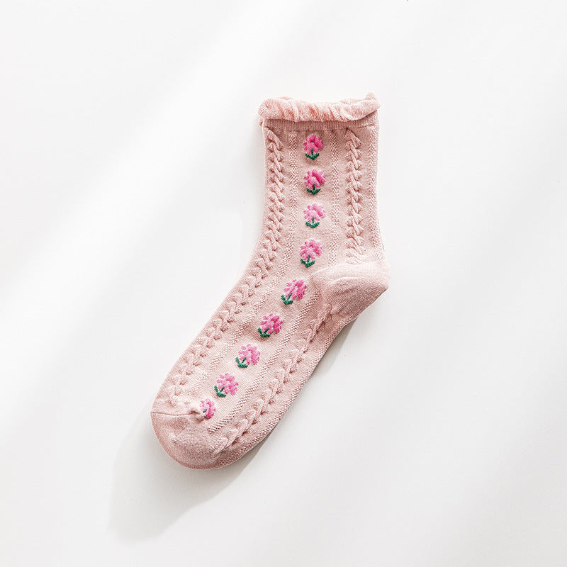 Women's Socks Autumn And Winter Jk Tube Socks Wooden Ear Japanese Cute Flowers Sweet Girl Lolita Purified Cotton Stockings