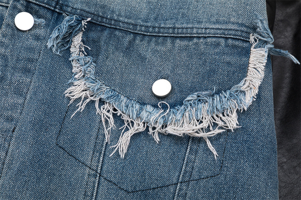 European And American Style Stitching PU Leather Sleeve Denim Jacket