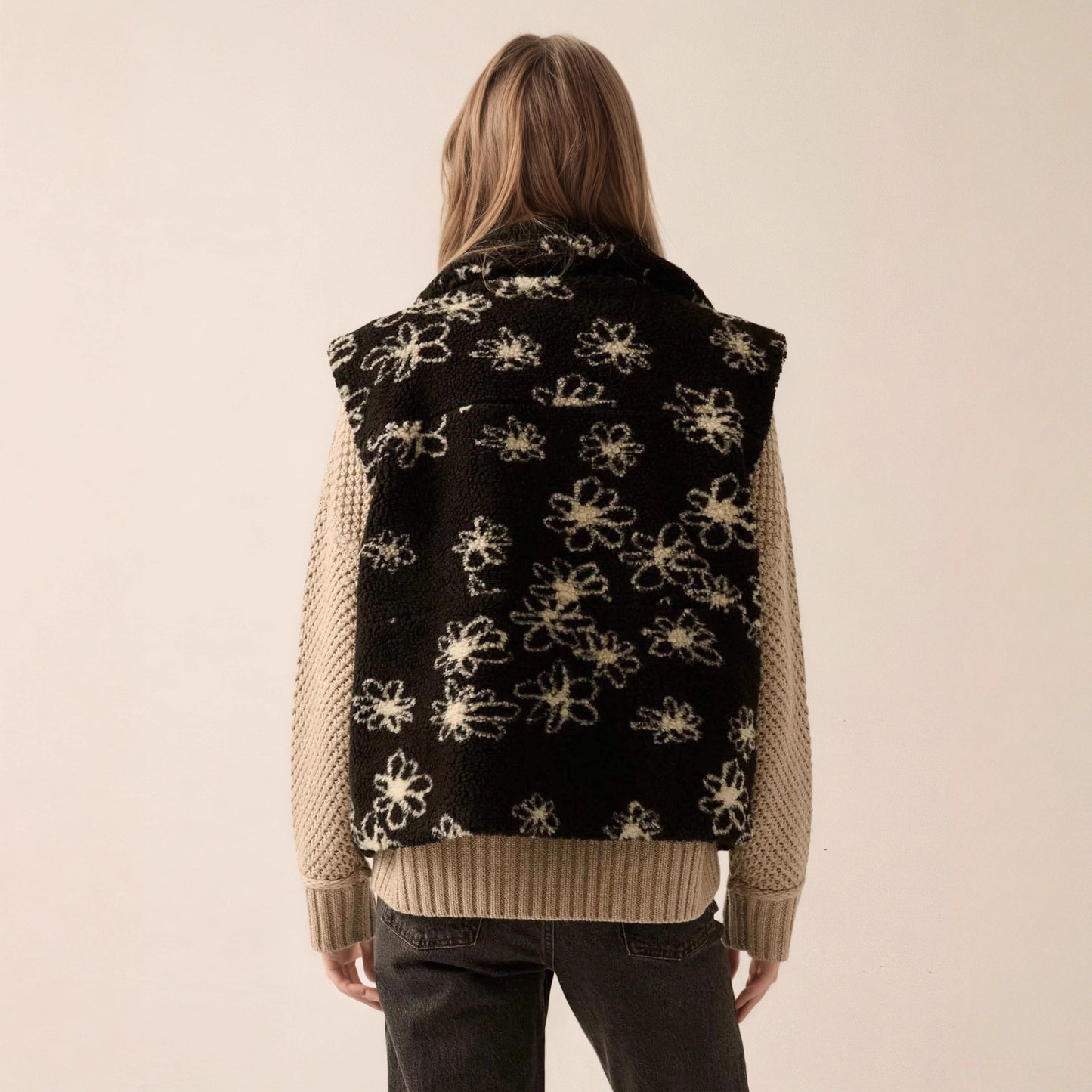 Fashion Polo Collar Flower Print Lamb Wool Vest