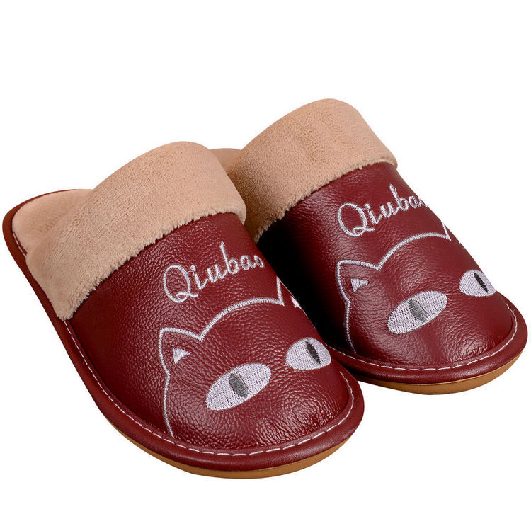 Warm Cotton Slippers For Couples Parent-child Non-slip Leather And Wool Slippers