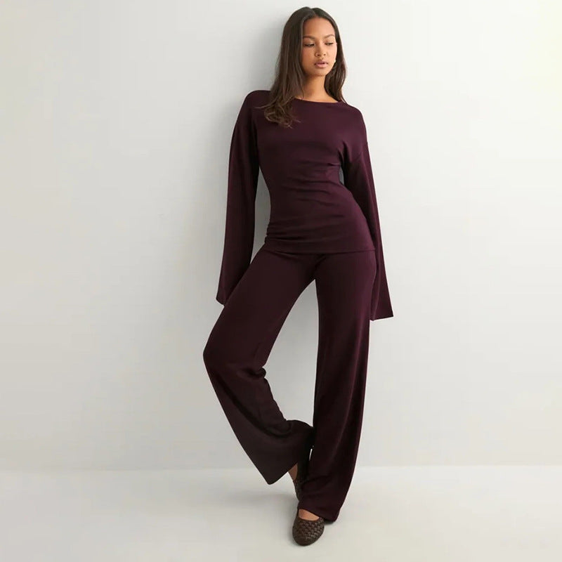 Women's Crew-neck Long-sleeve Straight-leg Pants Set