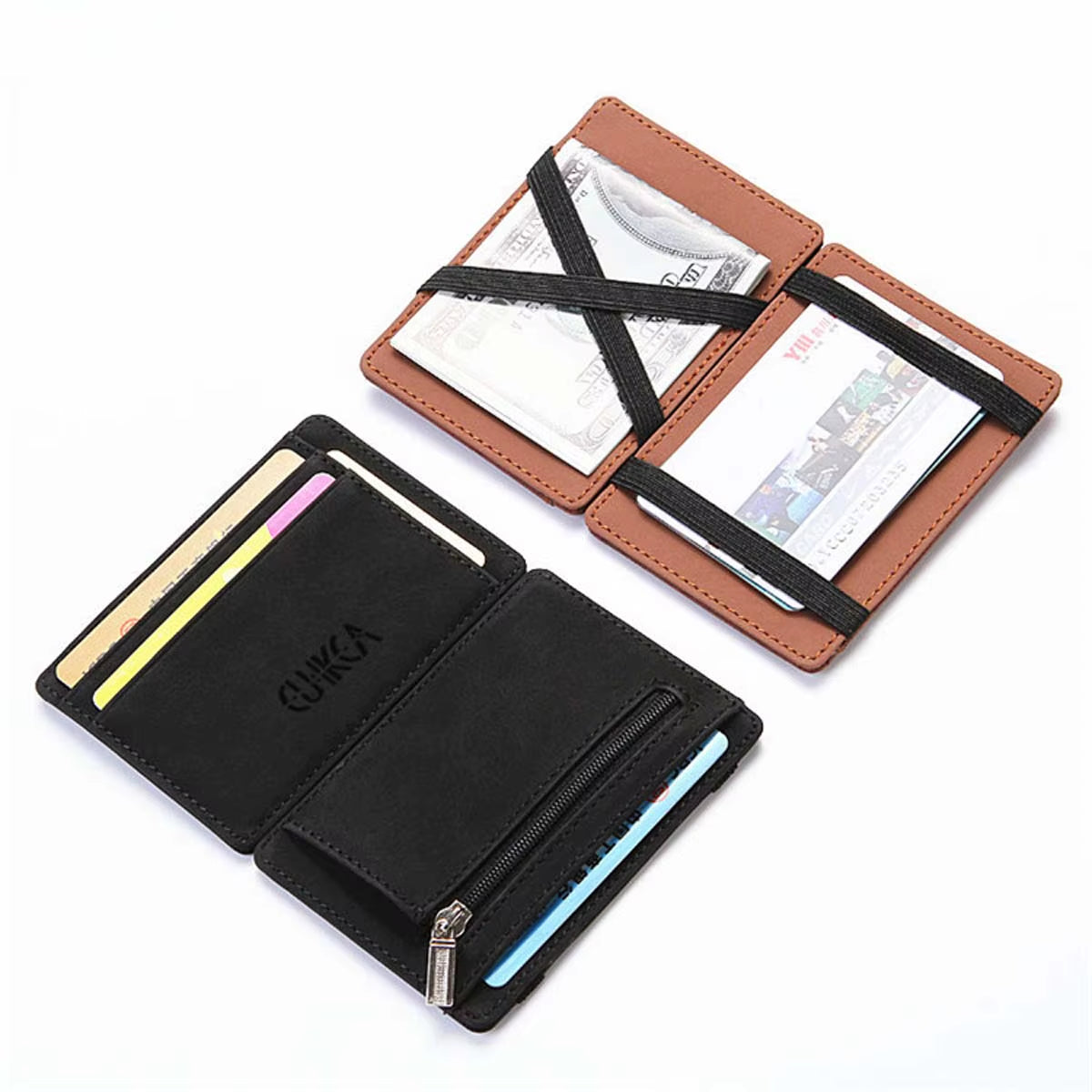 Creative Men'S Magic Wallet Coin Wallet Short Zipper Slim Leather Wallet Business ID Credit Card Cases Travel Short Wallet