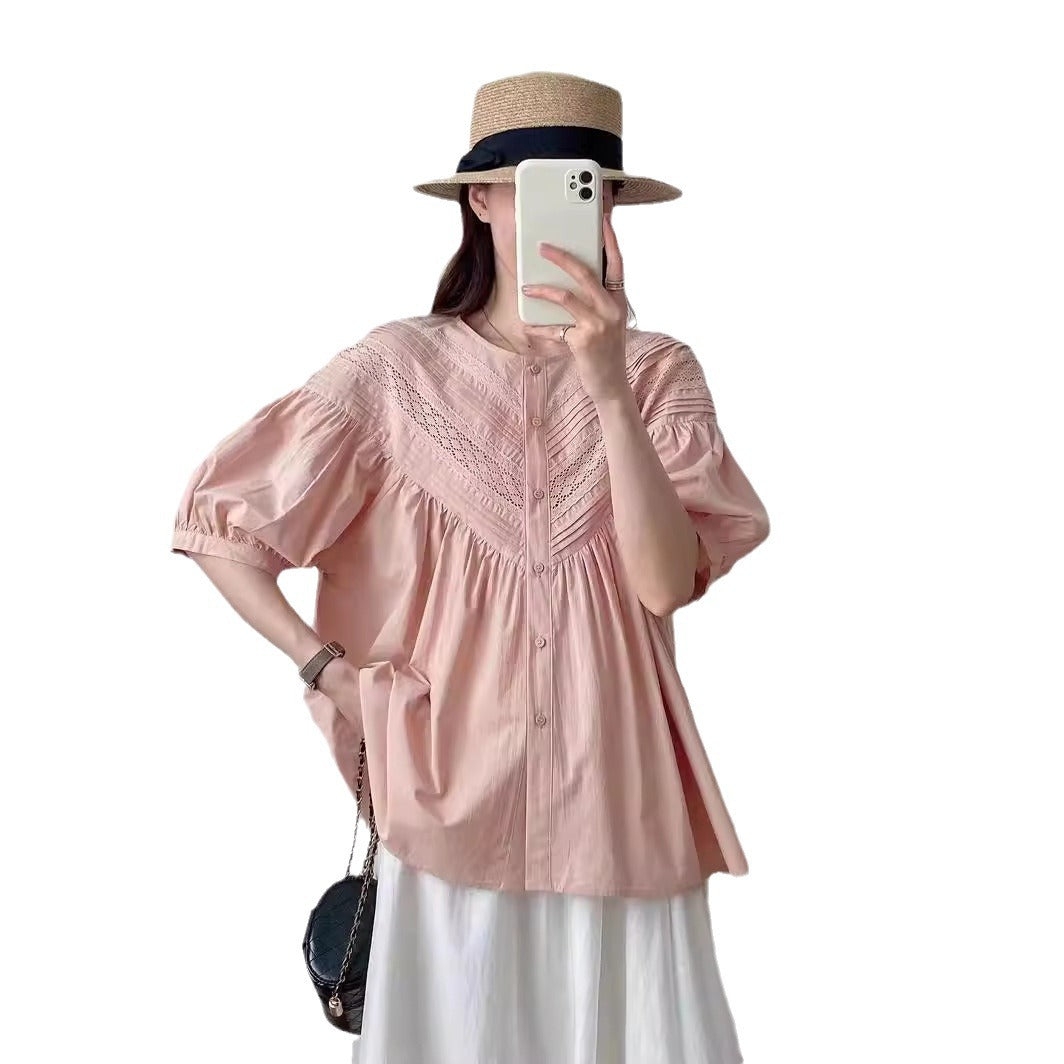 Solid Color Lace Round Neck Younger Short Sleeve Shirt Top