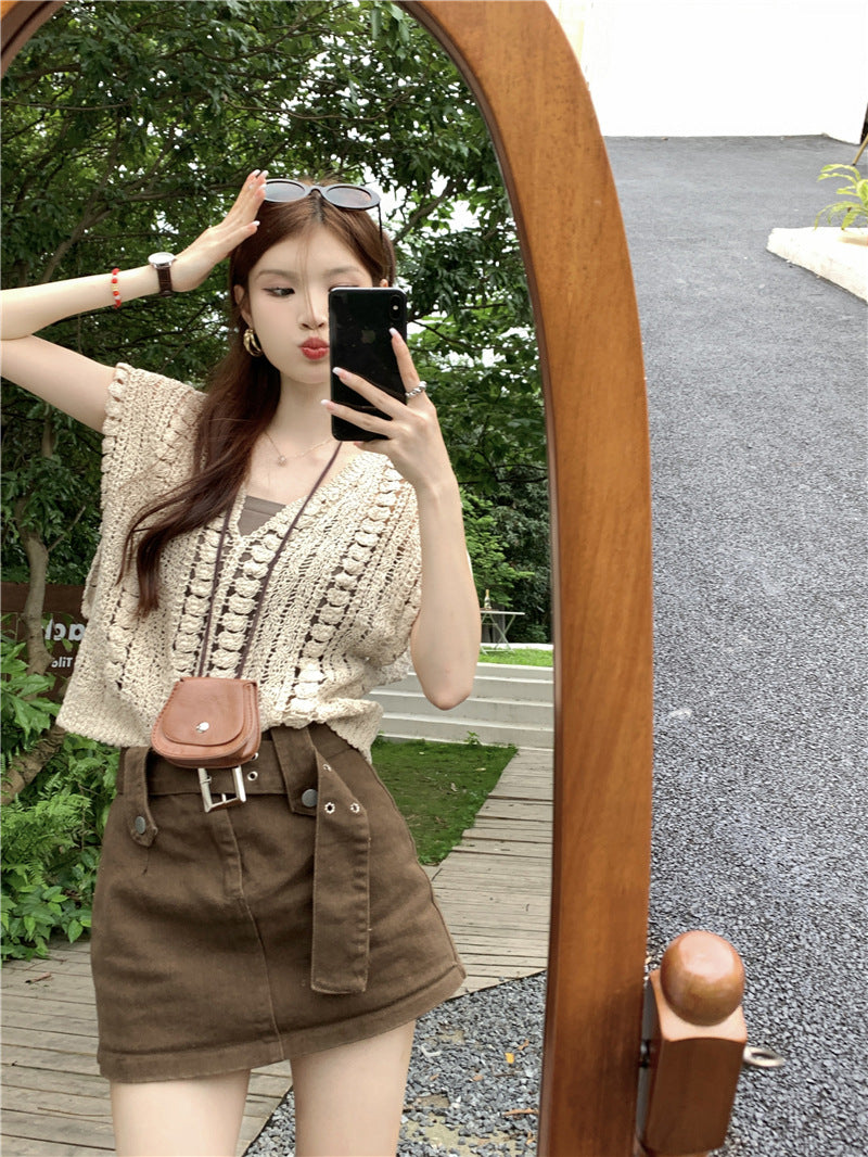 Hollow-out Crocheted Sleeveless Outerwear Bandage Dress Knitwear